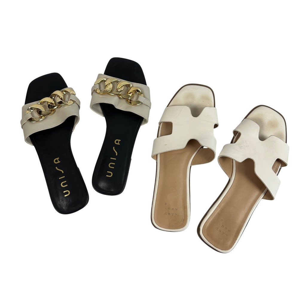 Bundle Women 7.5M Sandals Black Slides Gold Chain Detail White H-Strap Slides